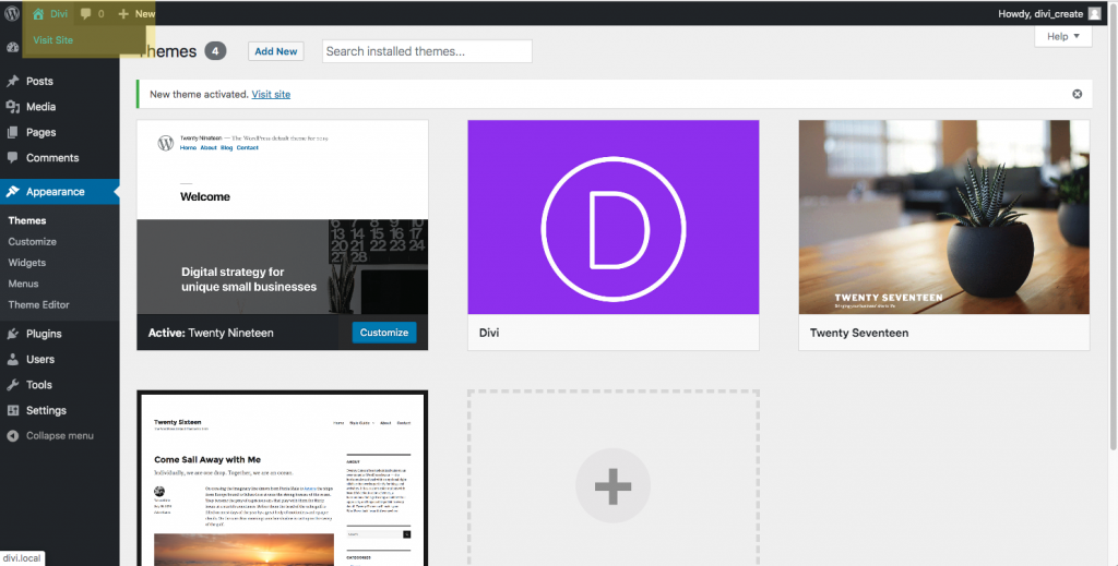Shortcut to the home page from the dashboard within WordPress.