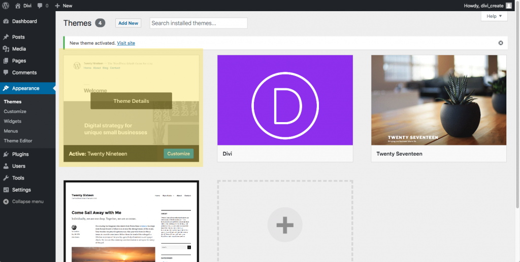 This is the Theme page in the WordPress Dashboard