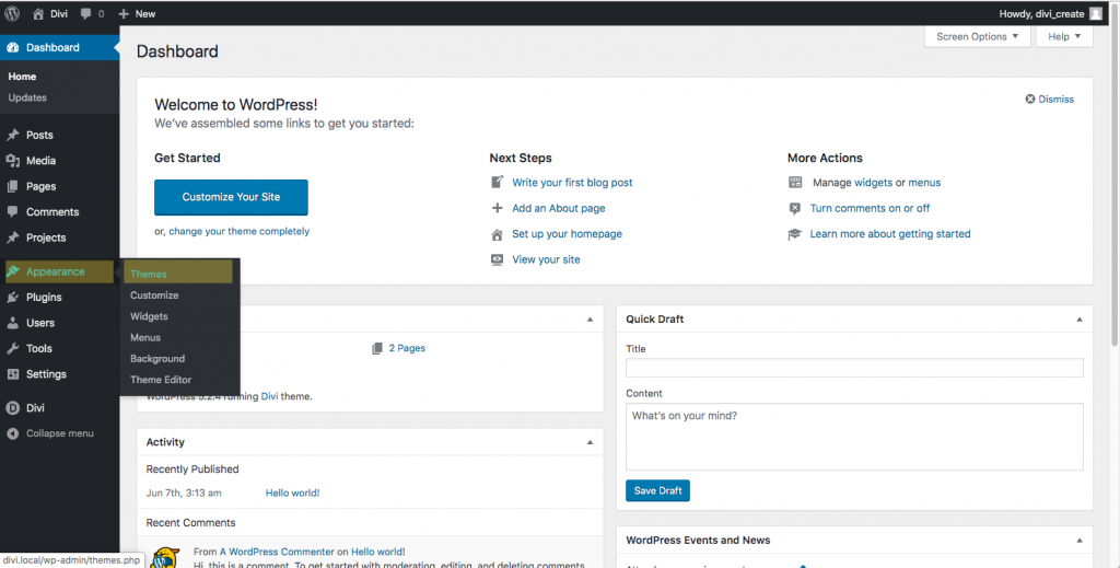 Wordpress dashboard showing the location of the themes page.