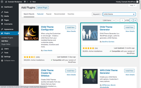 WordPress plugin page showing Child Theme Generator