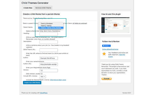 selecting the WordPress theme from the drop down menu