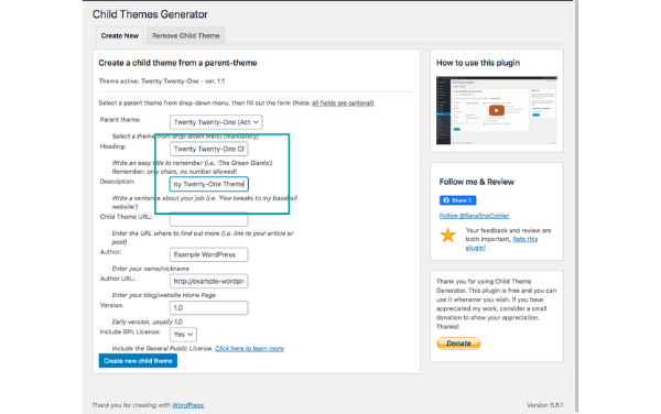 filling in information to create the WordPress child theme