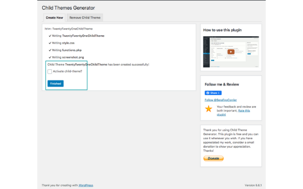 finalize the Child Theme installation and activation